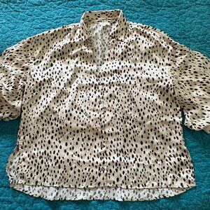 Oddy Ivory Satin Leopard Print Blouse Women's Size L